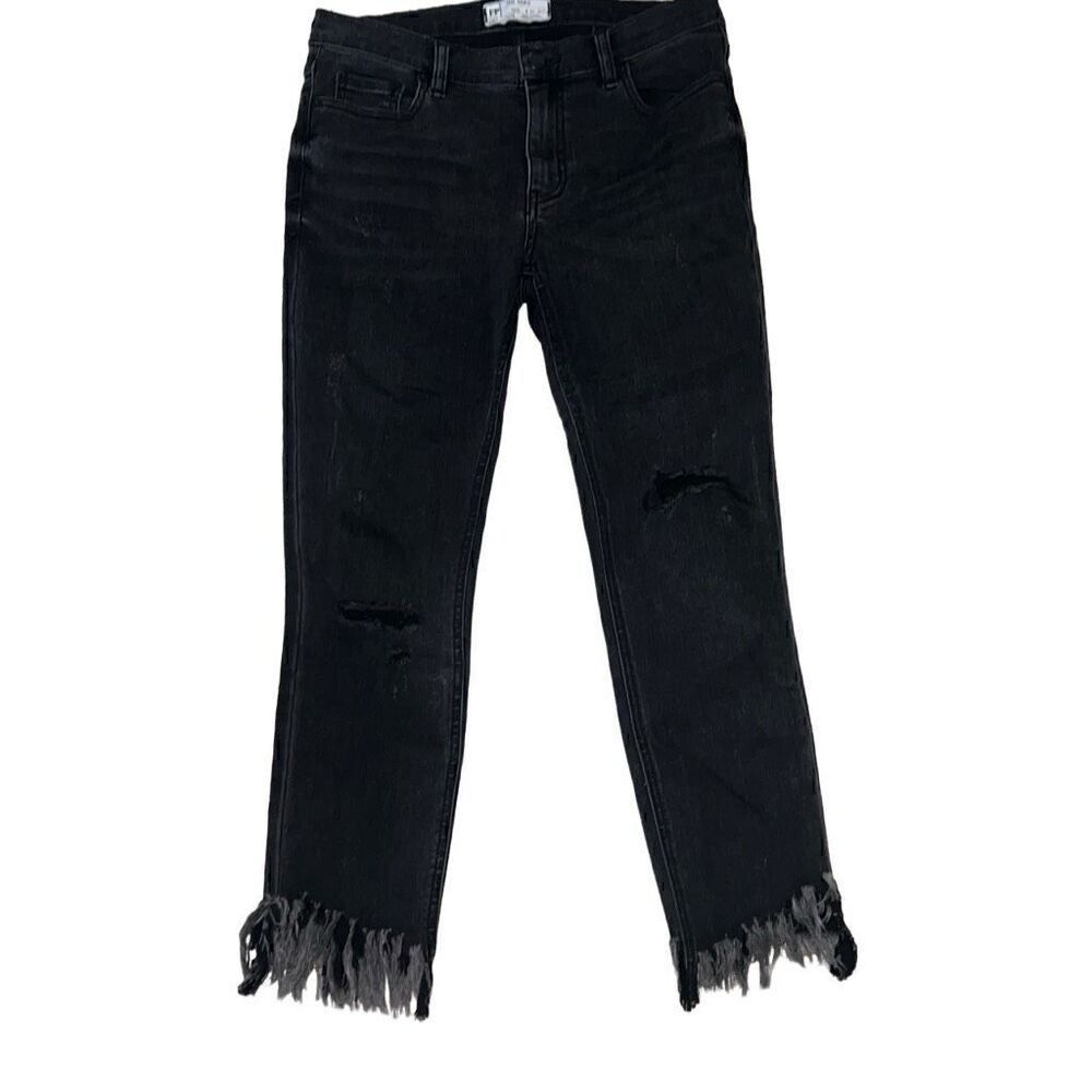 Free People Faded Black Skinny Denim Jeans Fringe Distressed Chewed Hem Sz 27